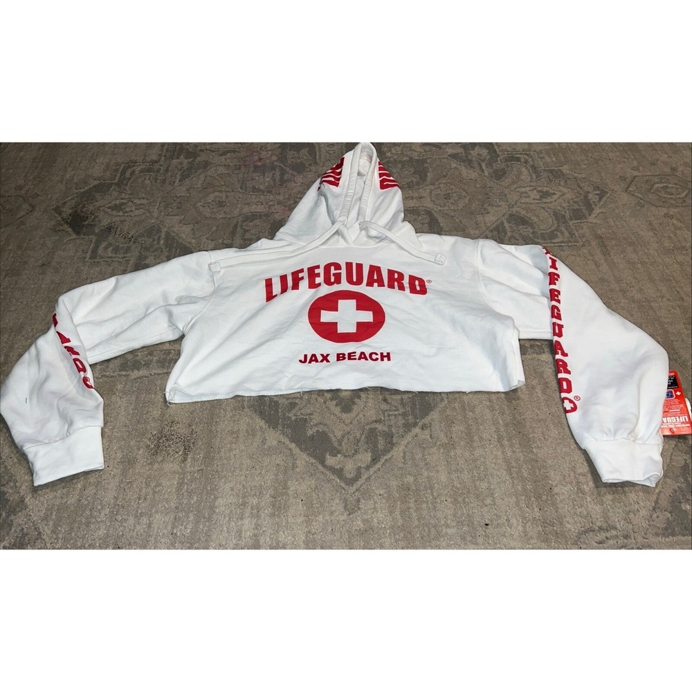 New Lifeguard Jax Beach Cropped Crop Hoodie Womens Size Medium‎ White Red